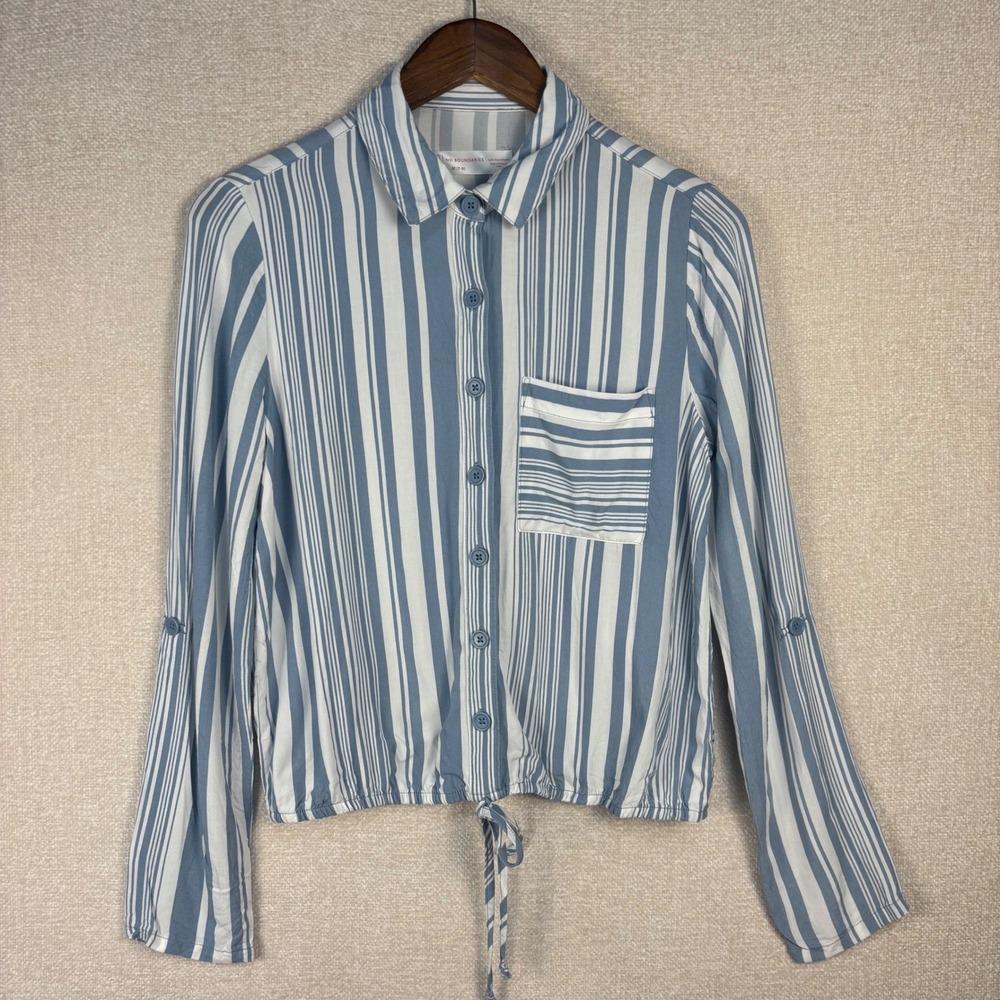 No Boundaries Size Medium Blue White Stripe Button Down Tie Front Shirt Rayon